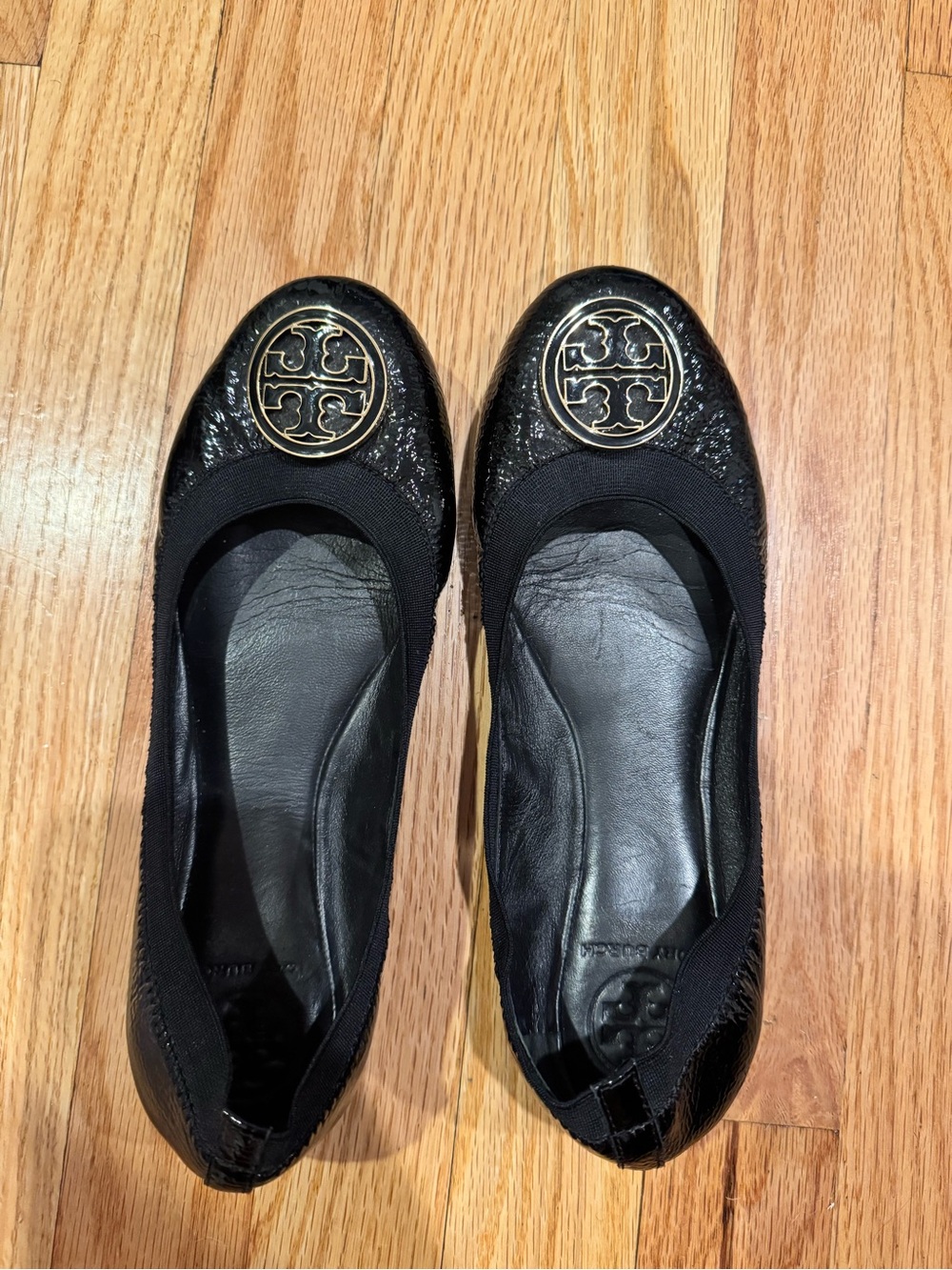 Tory Burch Black Leather Logo Ballet Flats with Gold Medallion
